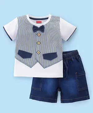 Babyhug Cotton Knit Half Sleeves Striped T-Shirt with Attached Bow & Denim Shorts Set - White & Blue