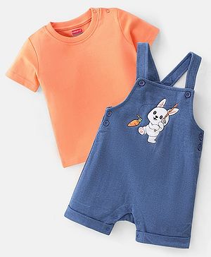 Babyhug 100% Cotton Single Jersey Knit Dungaree and Half Sleeves Tee Set Bunny Print - Orange & Blue