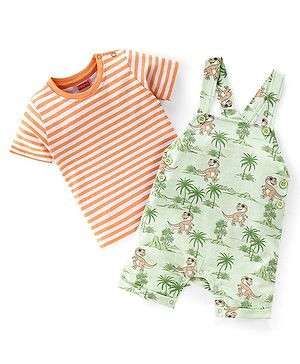 Babyhug 100% Cotton Single Jersey Knit Dino Printed Dungaree and Half Sleeves Striped T-Shirt Set - Orange & Green