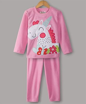 Hugsntugs Fleece Full Sleeves Unicorn Embroidered    Night Suit  - Pink