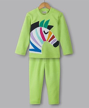 Hugsntugs Fleece Full Sleeves  Zebra Emboridered Night Suit  - Green