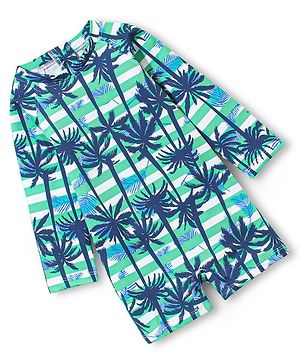 Babyhug Full Sleeves Tropical Print Legged Swimsuit - Green &  Navy Blue