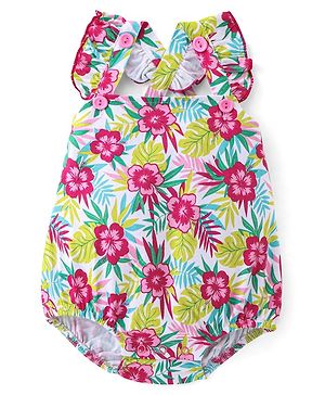 Babyhug 100% Cotton Interlock Knit Frill Sleeves Onesie Floral Print - Multicolor
