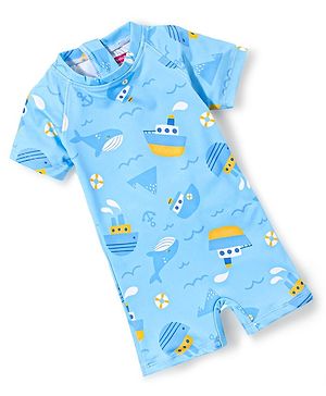 Babyhug Half Sleeves Shark Print Legged Swimsuit - Blue