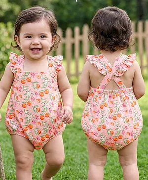 Babyhug 100% Cotton Knit Frill
                              Sleeves Onesie Fruity Print - Peach