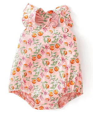 Babyhug 100% Cotton Knit Frill Sleeves Onesie Fruity Print - Peach