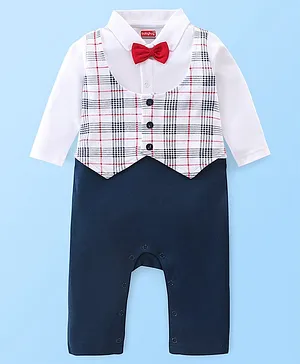 Babyhug 100% Cotton Knit Full Sleeves Checkered Party Romper Romper with Bow Tie - Navy Blue & White