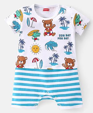 Babyhug 100% Cotton Knit Half Sleeves Striped Romper with Beach Theme - Blue & White