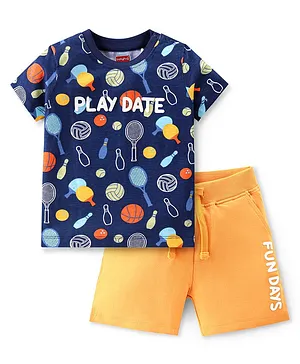 Babyhug 100% Cotton Single Jersey Knit Half Sleeves T-Shirt & Shorts Set Basketball Print - Blue & Yellow