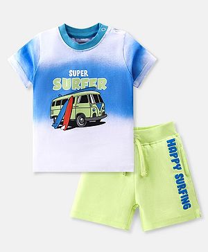 Babyhug 100% Cotton Single Jersey Knit Half Sleeves T-Shirt & Shorts Set Surfboard Print - White & Green