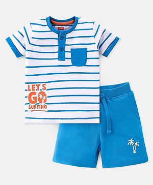 Babyhug 100% Cotton Knit Single Jersey Half Sleeves T-Shirt & Shorts Text Print & Striped - White & Blue