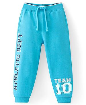 Babyhug Cotton Looper Knit Full Length Lounge Pant With Text Print - Blue