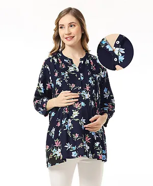 Bella Mama 100% Viscose Woven Three Fourth Sleeves Maternity Top with Pocket & Floral Print - Navy Blue
