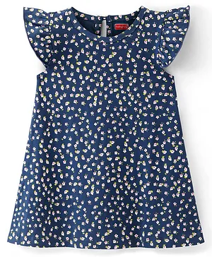 Babyhug Cotton Knit Flutter Sleeve Nighty With Floral Print - Navy Blue