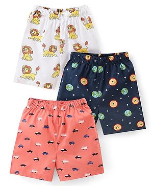 Babyhug Cotton Woven Regular Boxers Lion & Car Print Pack of 3 - White Navy & Pink