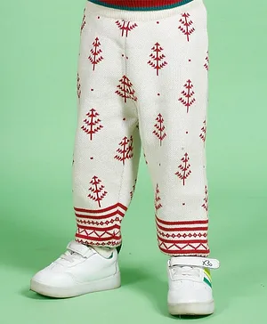 Greendeer 100 % Cotton Pine Tree Designed Jacquard Diaper Pants - Cream & Cherry Red