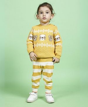 Greendeer 100% Cotton Full Sleeves  Bear Detailed Jacquard Sweater With Pant   - Mimosa Yellow