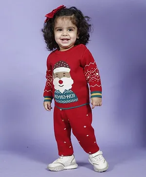 Greendeer Christmas Theme Full Sleeves Santa Design Detailed Jacquard 100% Cotton Sweater & Lower Set - Cherry Red