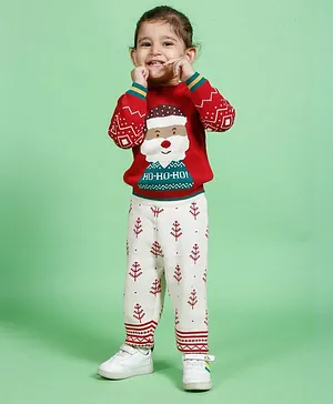 Greendeer Christmas Theme Full Sleeves Santa Design Detailed Jacquard 100% Cotton Sweater & Lower Set - Cream & Cherry Red