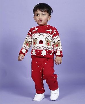 Greendeer  Jacquard 100% Cotton Full Sleeves Jaunty Reindeer Sweater With  Lower - Cherry Red