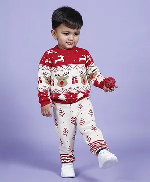 Greendeer Christmas Theme Jacquard 100% Cotton Full Sleeves Jaunty Reindeer Sweater With  Lower - Cream &  Cherry Red