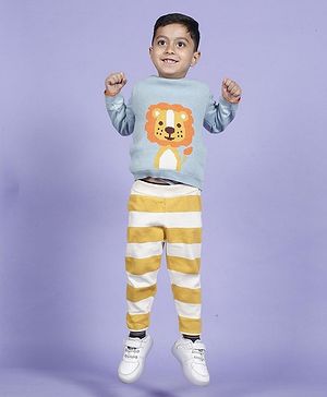 Greendeer  Jacquard 100% Cotton Full Sleeves Delighted Lion Design Sweater With Lower - Powder Blue & Mimosa Yellow