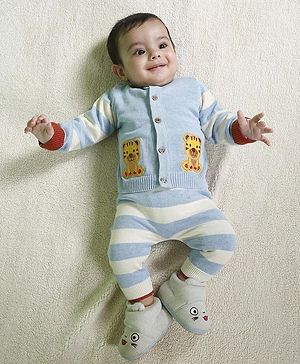 Greendeer  100% Cotton Full Sleeves Soulful Tiger Patch Detailed Sweater With Lower - Baby Blue