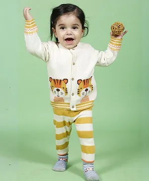 Greendeer Jacquard 100% Cotton Full Sleeves Adorable Tiger Sweater With Lower - Cream & Mimosa Yellow