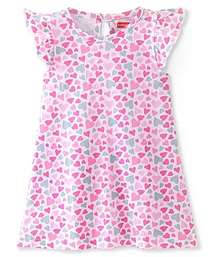 Babyhug Cotton Knit Flutter Sleeve Nighty With Floral Print - Pink