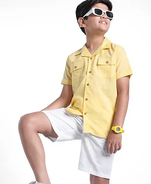 Arias Linen Half Sleeves Shirt & Shorts Solid Colour - Yellow & White