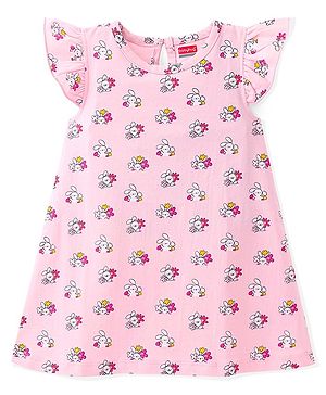 Babyhug Flutter Sleeve Nighty with Bunny Print - Pink