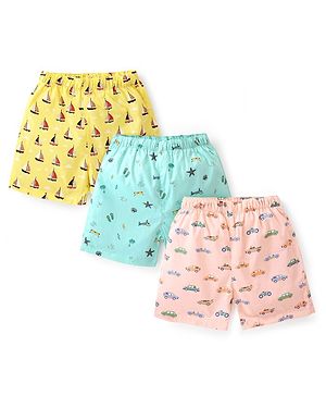 Babyhug Cotton Woven Regular Boxers Cars & Boats Print Pack of 3 - Blue Pink & Yellow