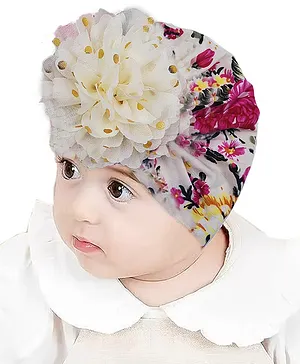 Babymoon Flowers Printed & Applique Detailed Nylon Turban Beanie Cap - Pink & Cream