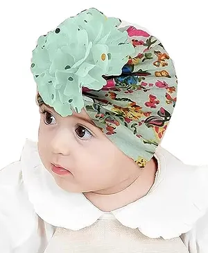 Babymoon Flowers Printed & Applique Detailed Nylon Turban Beanie Cap - Green & Multi Colour