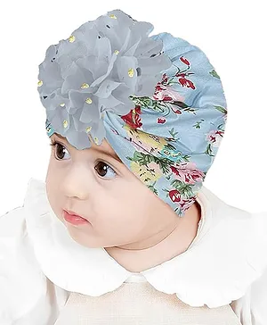 Babymoon Floral Printed & Applique Detailed Turban Beanie Cap - Grey