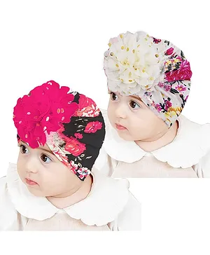 Babymoon Set Of 2 Floral Printed & Applique Detailed Turban Beanie Cap - Dark Blue & Pink