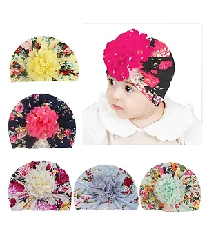 Babymoon Set Of 5 Flowers Printed & Applique Detailed Nylon Turban Beanie Caps - Multi Colour
