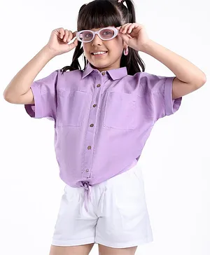 Arias Linen Half Sleeves Front Tie Knot Shirt With Shorts Solid Colour - Orchid Boom & White