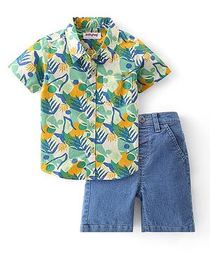 Babyhug Cotton Woven Half Sleeves Shirt & Denim Shorts Set Tropical Theme - Green & Blue