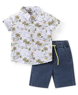 Babyhug Cotton Woven Half Sleeves Shirt & Denim Shorts Set Boat Print - White & Blue