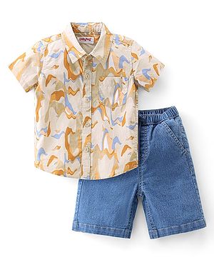 Babyhug Cotton Woven Half Sleeves Shirt & Denim Shorts With Abstract Print - Multicolour