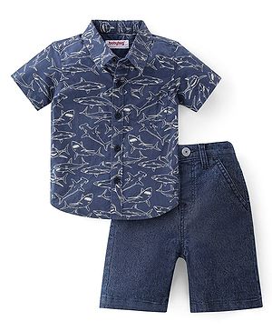 Babyhug Cotton Woven Half Sleeves Shirt & Denim Shorts With Shark Print - Navy Blue