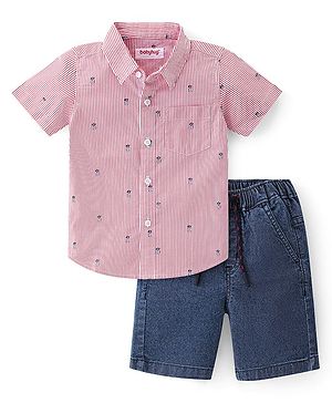 Babyhug Cotton Woven Half Sleeves Shirt & Denim Shorts With Striped - Pink & Blue