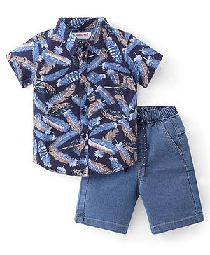 Babyhug Cotton Woven Half Sleeves Shirt & Denim Shorts With Feather - Navy Blue
