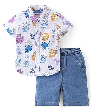Babyhug Cotton Woven Half Sleeves Shirt & Denim Shorts With Tropical Print - White & Blue