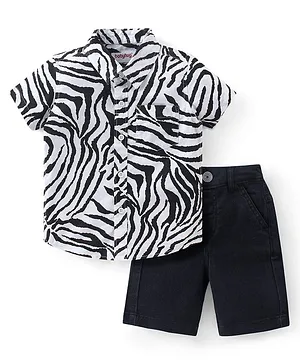 Babyhug Cotton Woven Half Sleeves Zebra Printed Shirt & Denim Shorts Set - White & Black