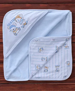 Pink Rabbit Interlock Velour Cotton Knit Hooded Towel & Wrappers Little Bear Print L 81.28 x B 81.28 cm - Sky Blue