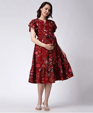 Moms Maternity Half Sleeves Floral Printed Midi Georgette Dress With Nursing Access - Red