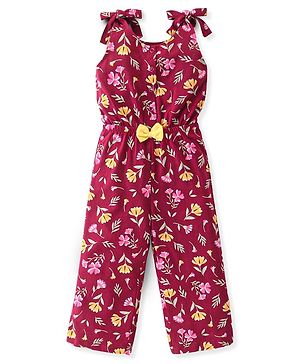 Babyhug 100% Cotton Jersey Knit Shoulder Strap Jumpsuit with Bow Applique Floral Print - Maroon