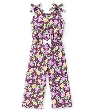Babyhug 100% Cotton Jersey Knit Shoulder Strap Jumpsuit with Bow Applique Floral Print - Purple